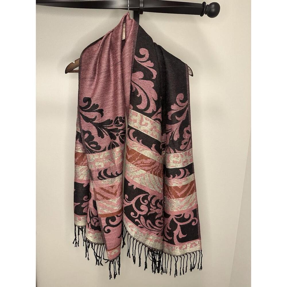 Pashmina Silk Blend Floral Fringe Scarf Pink Black Gold Brown 74x27 in